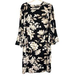 Retro Floral Midi Dress Black 2X Bell Sleeve Boho Western Preppy Resort Feminine
